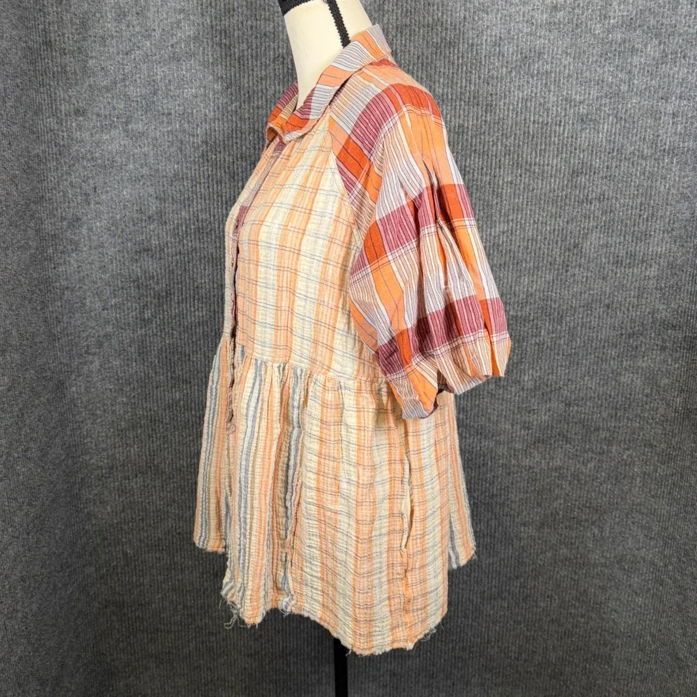 We The Free Plaid Oversized Babydoll Tunic Top S Pockets Puff Gauze Boho Western